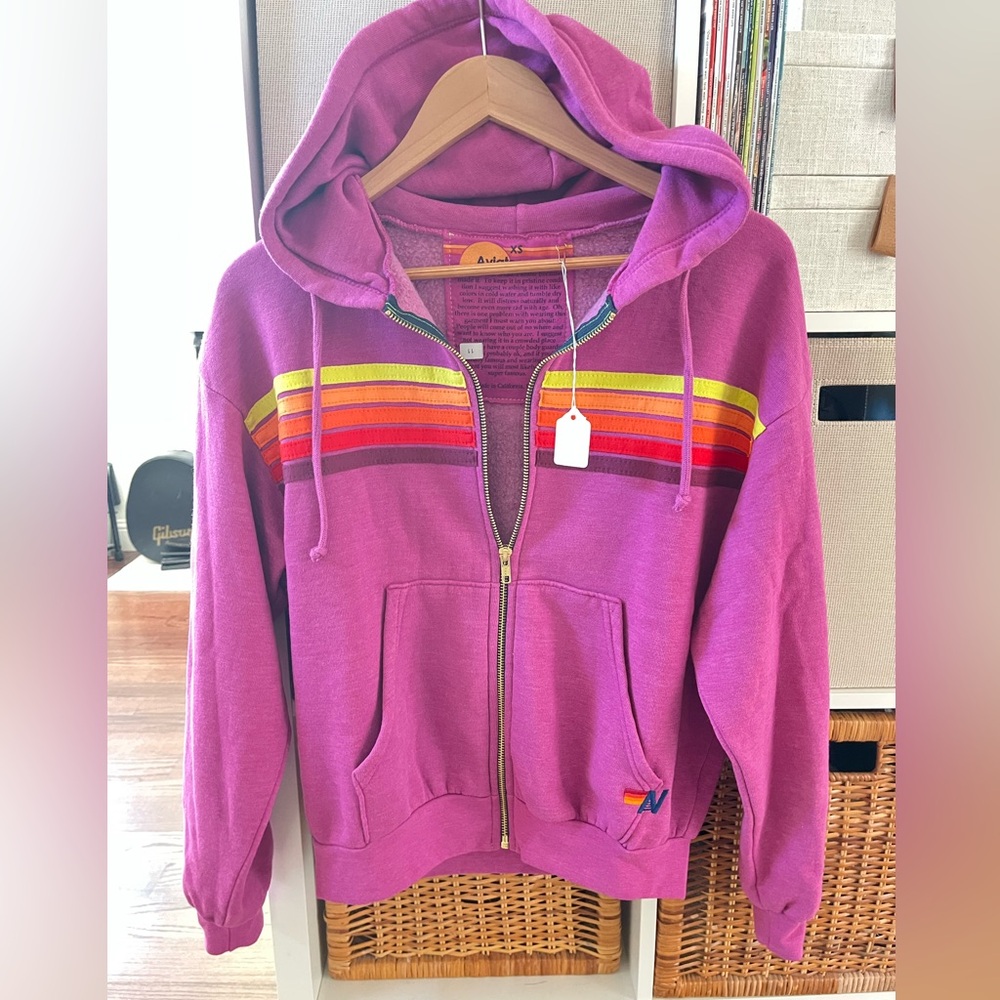 Aviator Nation 5-Stripe Relaxed Zip Hoodie Neon Purple XS NWT